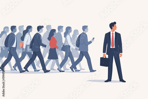 Businessman in suit standing out from the crowd looking in opposite direction, concept of individuality leadership unique career path non-conformity and vision in business world vector art.