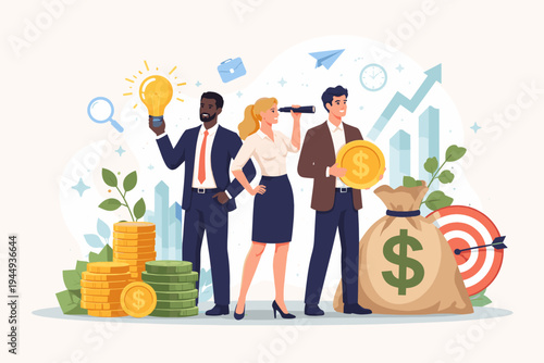 Diverse business team with creative ideas seeking financial support and investment opportunities. Professionals with light bulb, telescope and money bag symbolizing startup success and growth.