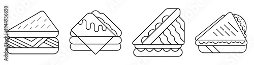 Four distinct black and white triangle sandwiches showcasing different fillings styles