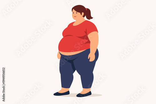 Vector Illustration of an Overweight Woman with a Large Belly and Obesity Issues, Wearing a Red T-Shirt and Blue Pants, Flat Design Character Representing Health Problems, Weight Loss, and Body