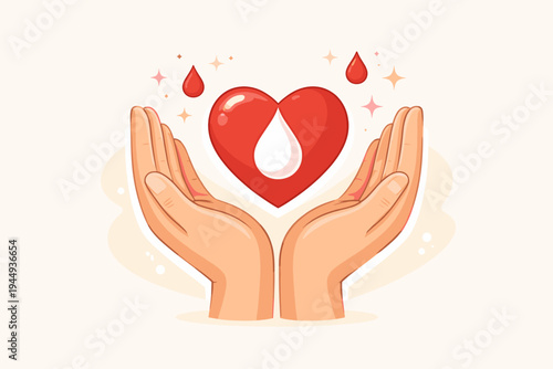Flat vector illustration of hands cupping a red heart with a blood drop, symbolizing blood and organ donation, healthcare charity, medical support, and life-saving volunteer work concept.