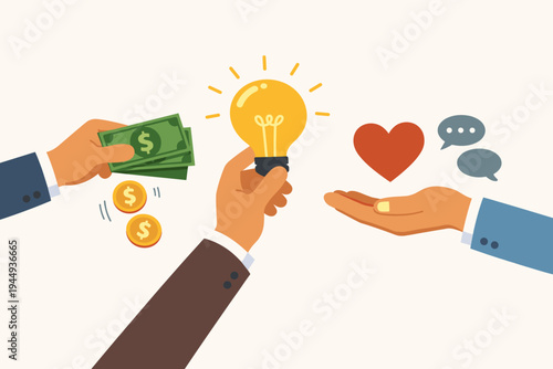 Businessmen Hands Contributing Money, Innovative Ideas, and Moral Support Vector Illustration. Concept of Teamwork, Crowdfunding, Startup Investment, Empathy, and Collaborative Business Success.