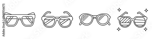 Illustration of different designs of sunglasses in black and white outline