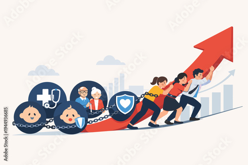 Young professionals pushing a rising economic arrow burdened by social security costs, healthcare, and aging population, depicting the struggle of the working class in a modern economy.