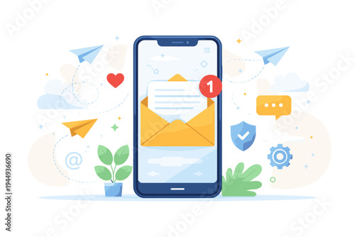 Flat vector illustration of an email message service on a smartphone screen with an open envelope, paper planes, notification badge, and communication icons for digital marketing and business.