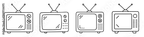 Four old fashioned television sets with antenna black and white outline drawing