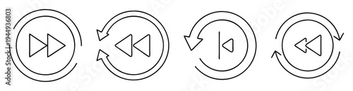 Set of black and white outlined media player arrow symbol icons