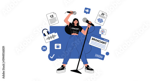 Vector illustration of woman singing with social media icons