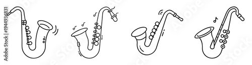 Four outlines of saxophones with musical notes for a fun artistic display