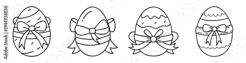 Four black and white outline drawings of decorated Easter eggs with bows