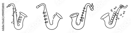 Four outlined cartoon drawings of a saxophone with keys and music notes