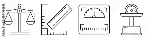 Set of outlined icons representing measuring tools for weight, height, and balance