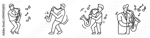 Black and white line art depicting people playing the saxophone beautifully