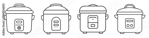 Four different rice cookers in black outline illustration on white backdrop