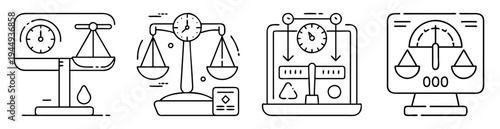 Collection of line art illustrations featuring scales and measurement instruments