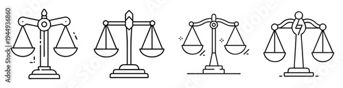 Black and White Line Art Depicting Four Styles of Scales of Justice
