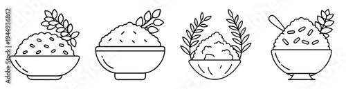 Monochrome outline illustration of four bowls of rice with plant decorations