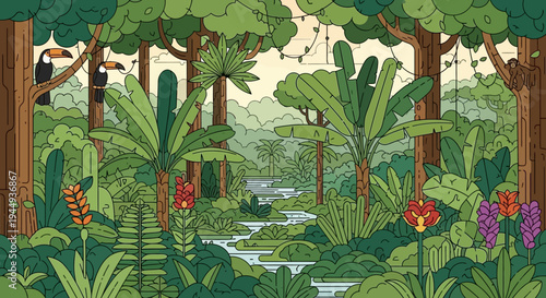 Toucan Bird Perched on Tree Branch.