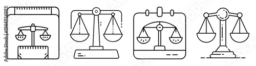 Set of four stylized line art justice scales on white background