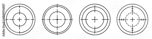Four black and white bullseye target designs with simple crosshairs graphic