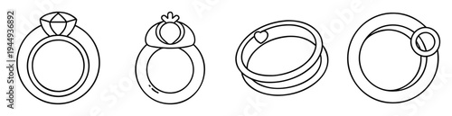 A collection of four different ring designs in a black and white outline