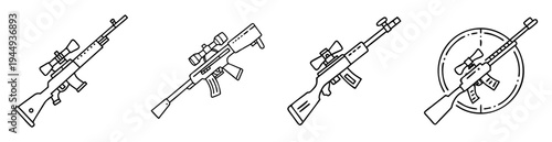 Collection of four line art sniper rifles pointing in different directions
