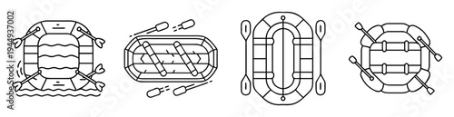 Four different raft boat types illustrations with paddles in black and white