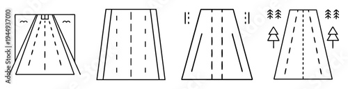 Four different abstract line art road illustrations with trees and bridges