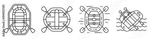 Stylized illustrations of inflatable rafts, one capsized, presented as line art