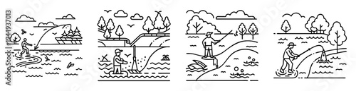 Monochrome vector illustrations showcasing people fishing in various outdoor scenic landscapes