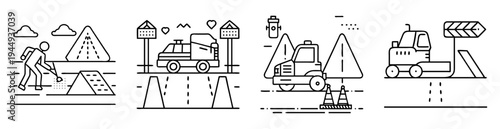 Minimalist black and white line drawings showing various construction and excavation scenes