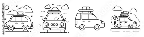 Various cars with roof carriers line art style illustration set