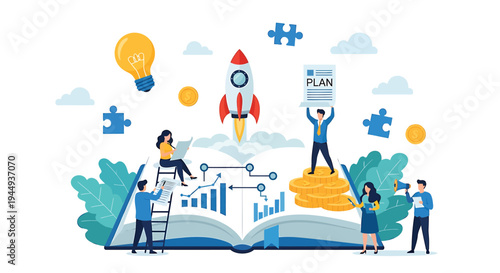 Vector illustration of business planning and strategy with 6 people