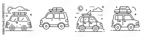 Black and white line drawings of cars with luggage and roof racks