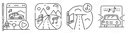 Road trip music streaming app design with car and nature icons