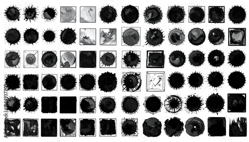 An array of watercolor-style squares and circles, with varying shades of gray and black