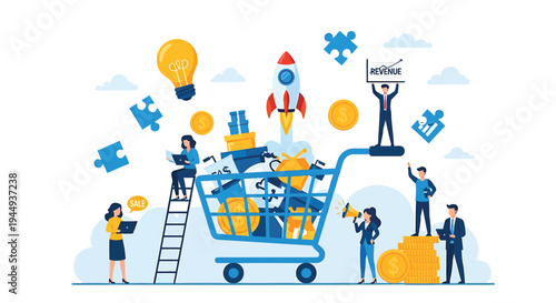 Vector illustration of people shopping cart with business ideas