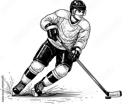 Ice Hockey Player Skating with Stick Vintage Engraving Illustration, Professional Hockey Sport Graphic for Poster, Logo and T Shirt Design