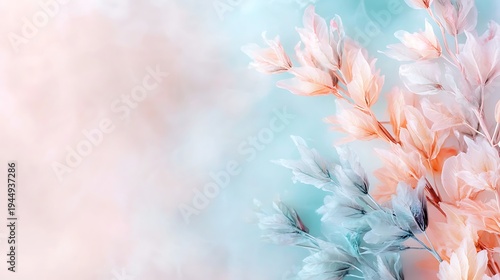 Soft Floral Design with Pastel Colors and Elegant Leaves on Dreamy Background