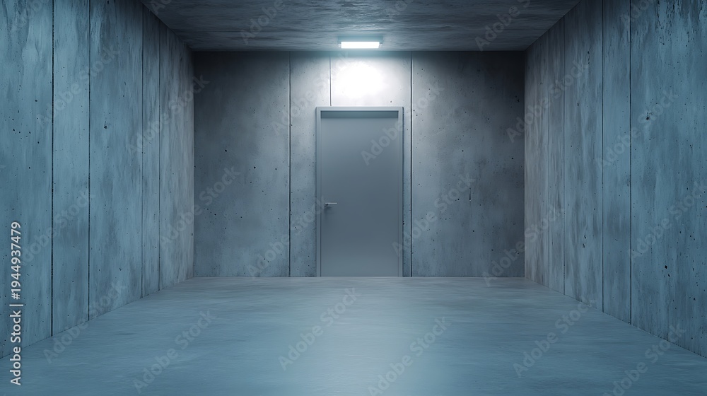 Fototapeta premium Dimly Lit Concrete Room with Empty Space and Closed Door Creating a Mysterious Atmosphere