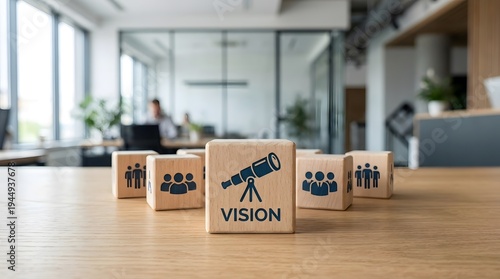 A wooden block with a telescope and the word vision on it sits on a table in a modern office space with other blocks featuring people icons.