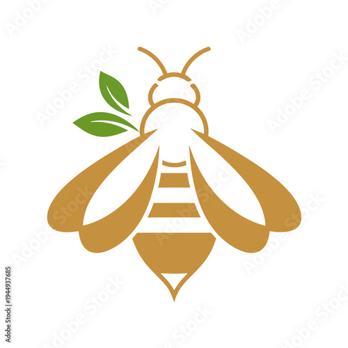 A stylized golden bee with green leaves on its back, representing nature and honey production.