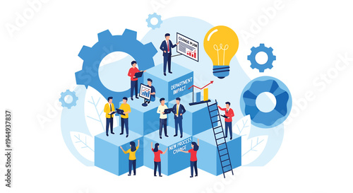 Set of business people working on blocks and gears vector