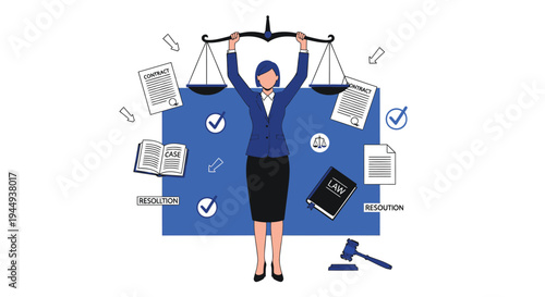 Vector illustration of businesswoman with law and justice symbols