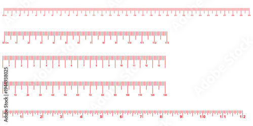 Measuring scale, marking for ruler, length measurement scale chart, thermometer scale, marks for tape measure. Vector illustration