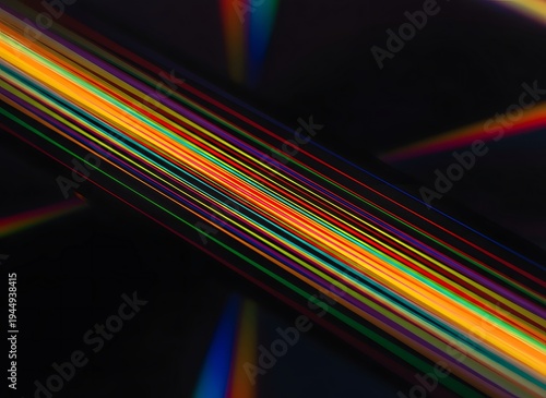 Abstract rainbow light spectrum beams crossing a dark background with vivid prismatic colors.