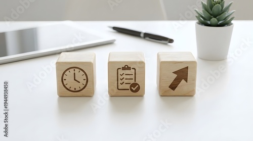 A well-organized workspace with wooden blocks, a plant, and office supplies on a white desk