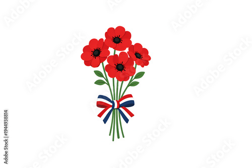 Flat design of a bouquet of red poppies tied with a red, white, and blue ribbon on a white background