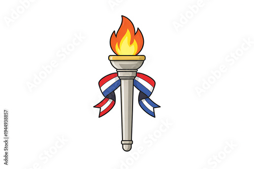 Dynamic flat design illustration of a flaming torch with a patriotic ribbon. This symbolic graphic conveys victory, honor, and national pride, perfect for celebration and unity themes