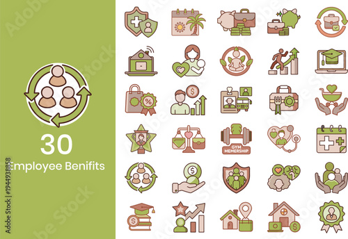 Employee Benefits Line Icons Set – HR Compensation, Insurance, Wellness, Bonus, Remote Work and Corporate Employee Perks Vector Icons